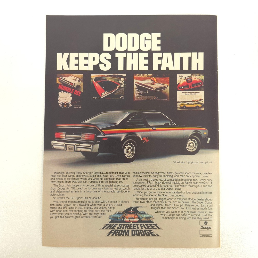 Vintage Dodge R/T Aspen Street Fleet Print Ad Muscle Car Garage Advertising Art